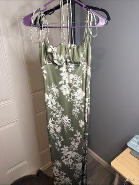 Olive Green Floral Maxi Slip Dress with White Blossom Print